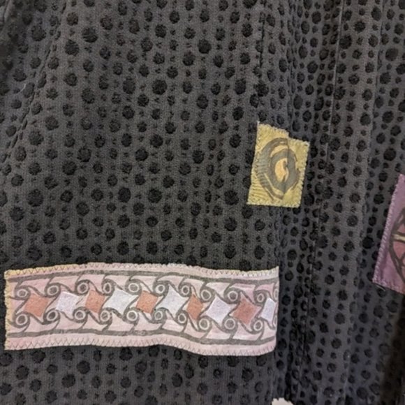 Vtg Blue Fish Black Cotton Chenille Dot Lagenlook Duster Art Patch Longline Coat - Picture 14 of 16